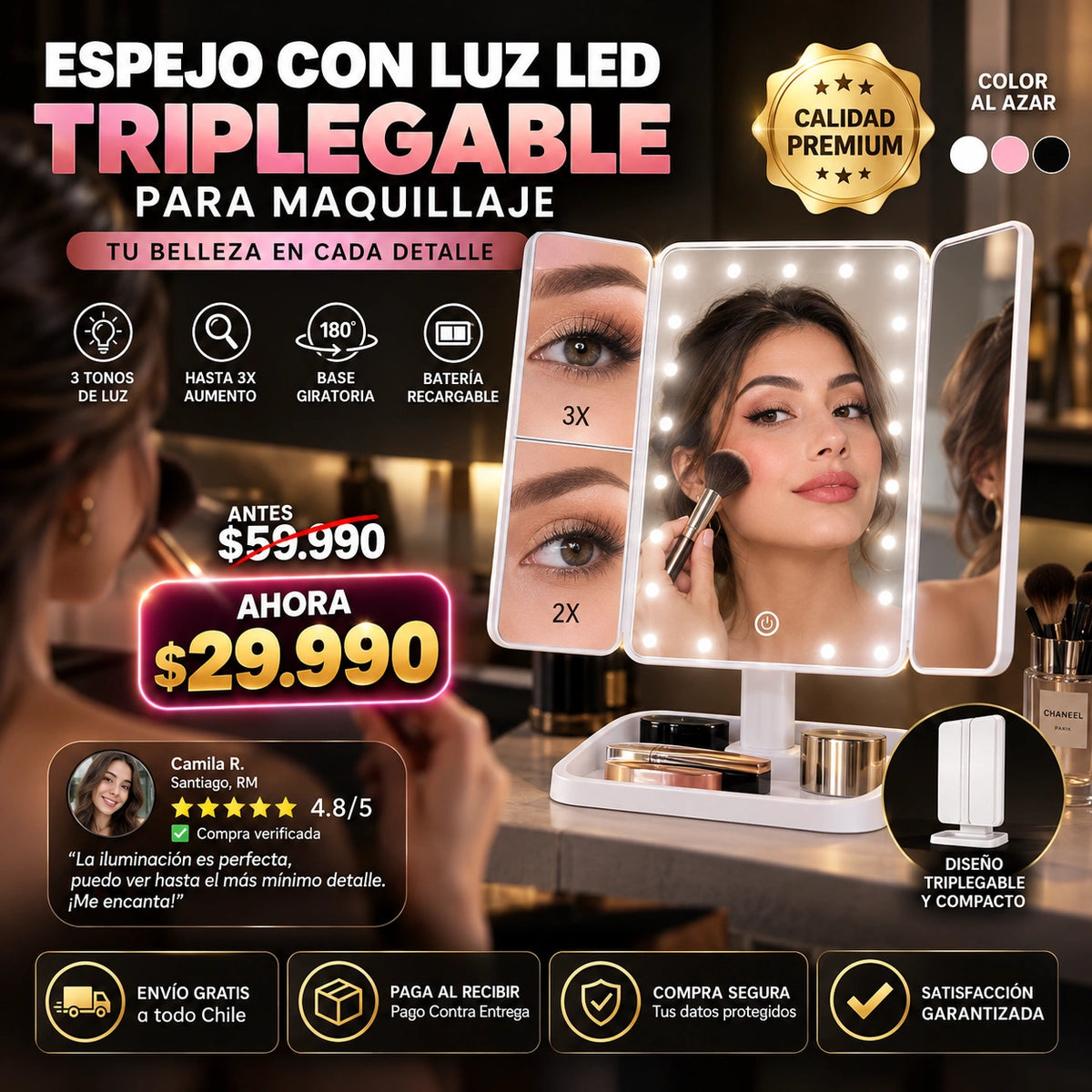 Espejo Luz LED Plegable Maquillaje
