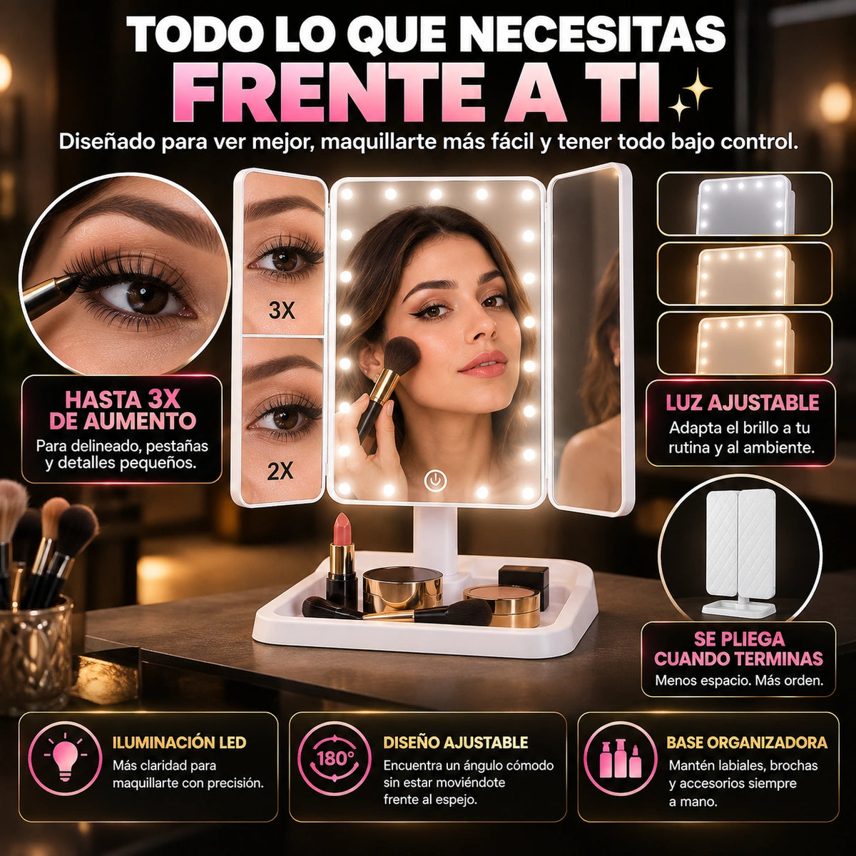 Espejo Luz LED Plegable Maquillaje