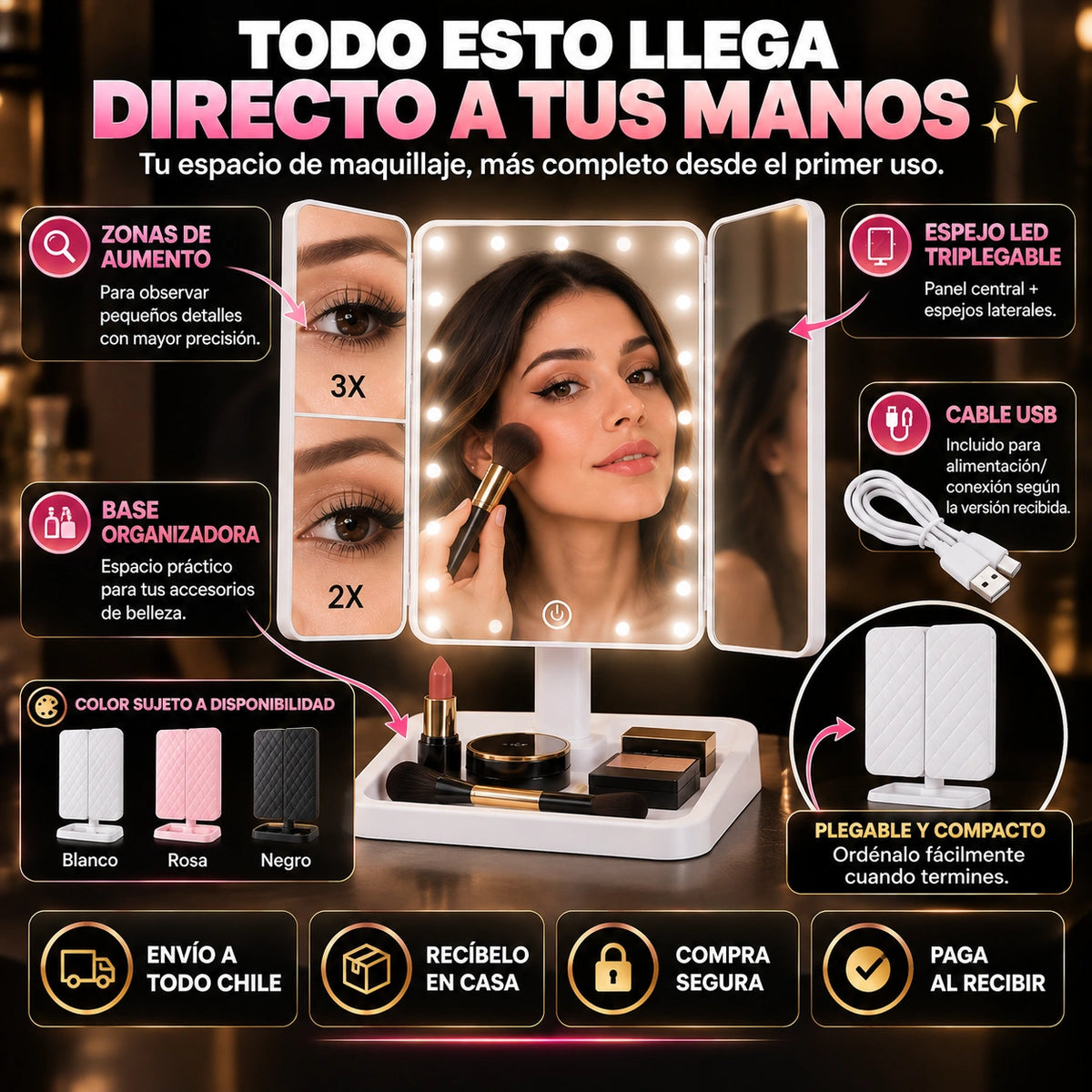 Espejo Luz LED Plegable Maquillaje