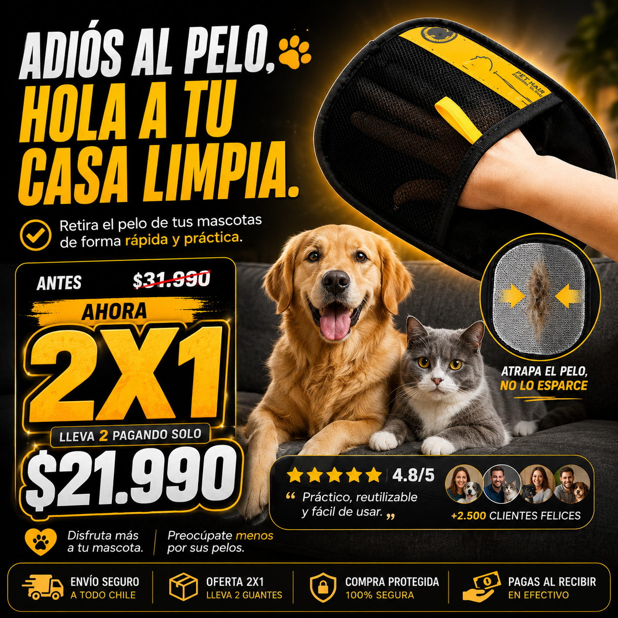 2X1 | Guante Removedor de Pelos | Hogar limpio, mascotas felices
