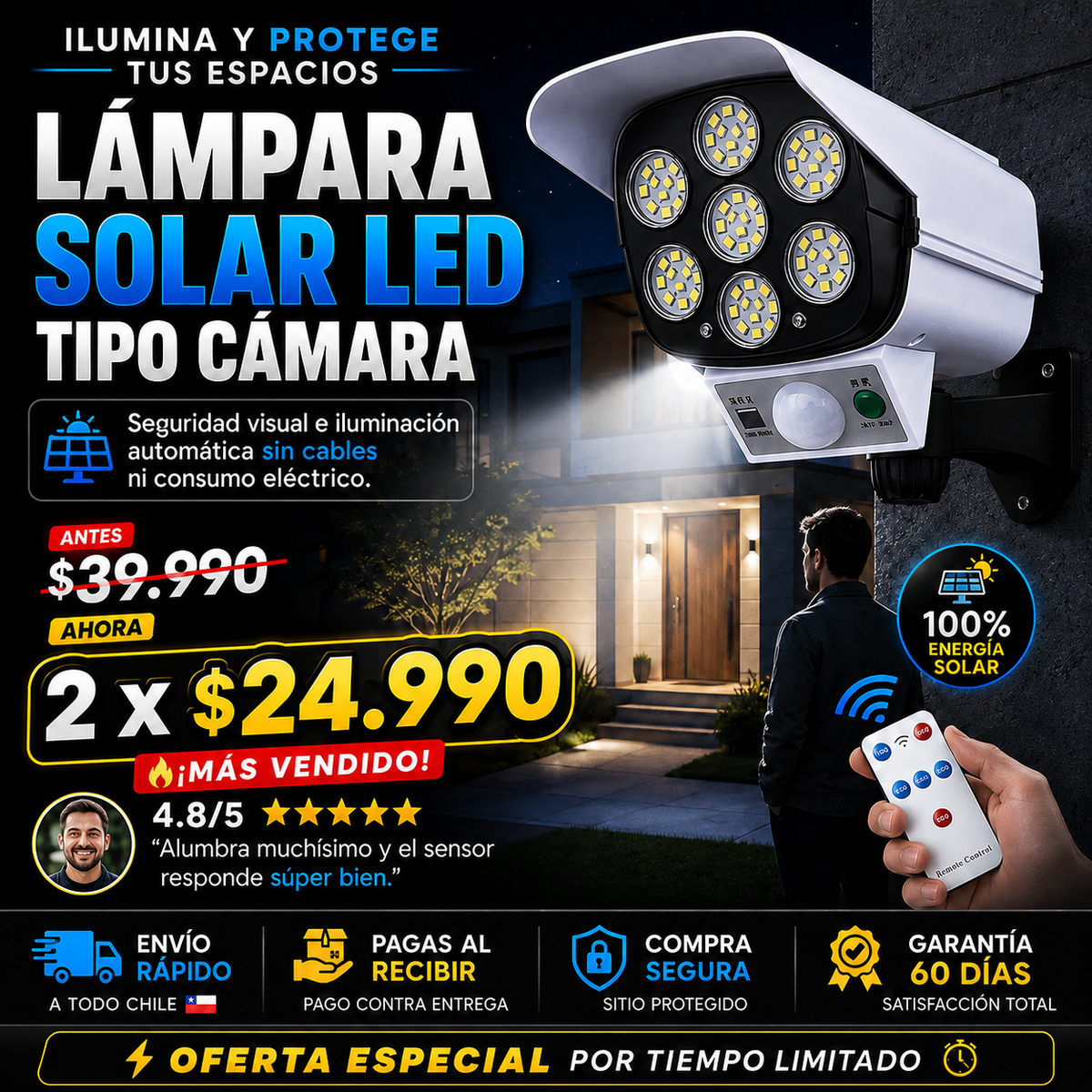 2x1 SolarGuard™ – Foco Solar LED con Sensor de Movimiento